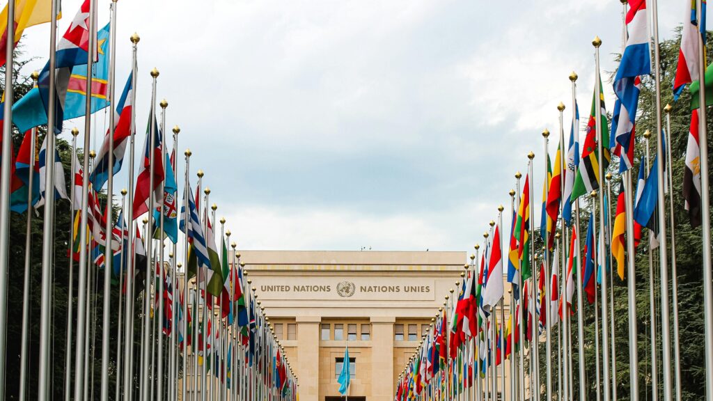 From below of various flags on flagpoles located in green park in front of entrance to the UN headquarters in Geneva
